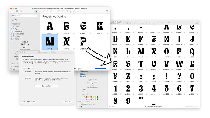 AI Font Assistant - takes a few drawn glyphs and creates a more complete/extended font
