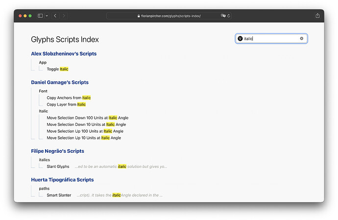 Screenshot of Glyphs Scripts Index