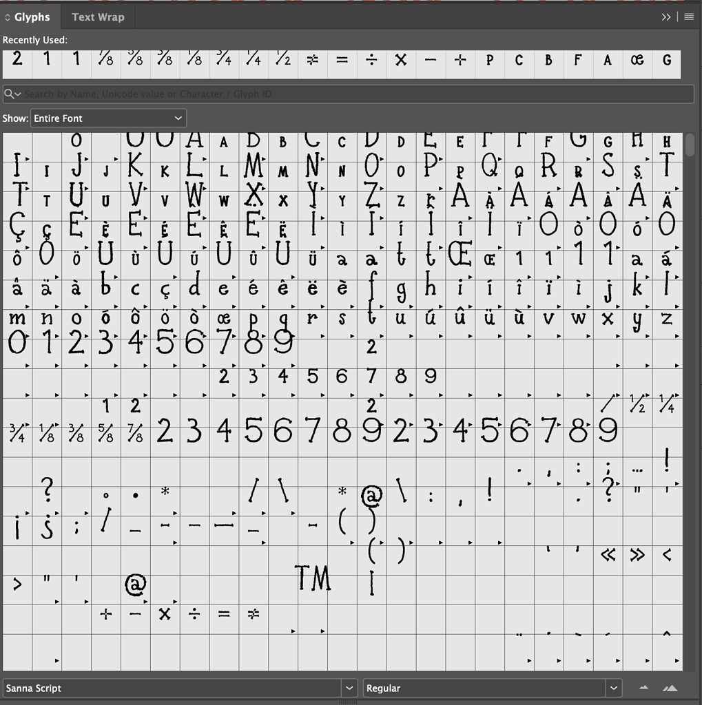 First handwritten font improvements: Indesign Glyphs panel - Glyphs ...