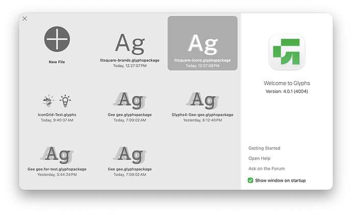 Glyphs 4 Start Window showing Ag thumbnails for recent font files