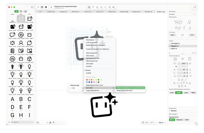 Icon Grid menu centering the construction grid on a selected path