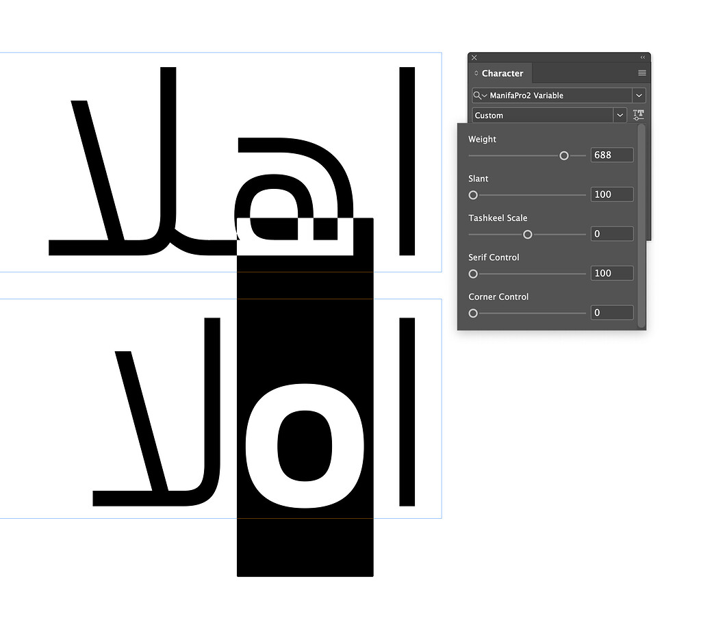Arabic word breaks when changing a letter's weight using a variable