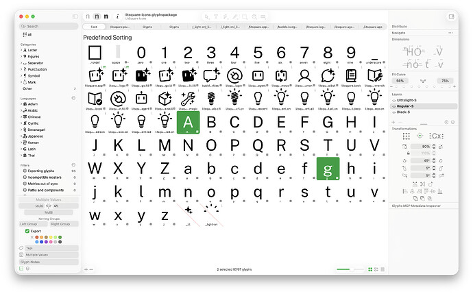 Glyphs Font View showing an icon set alongside the A and g glyphs
