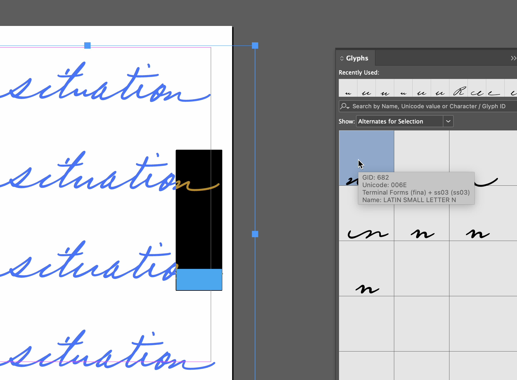 Alternative final forms are not suggested in InDesign’s glyphs palette ...